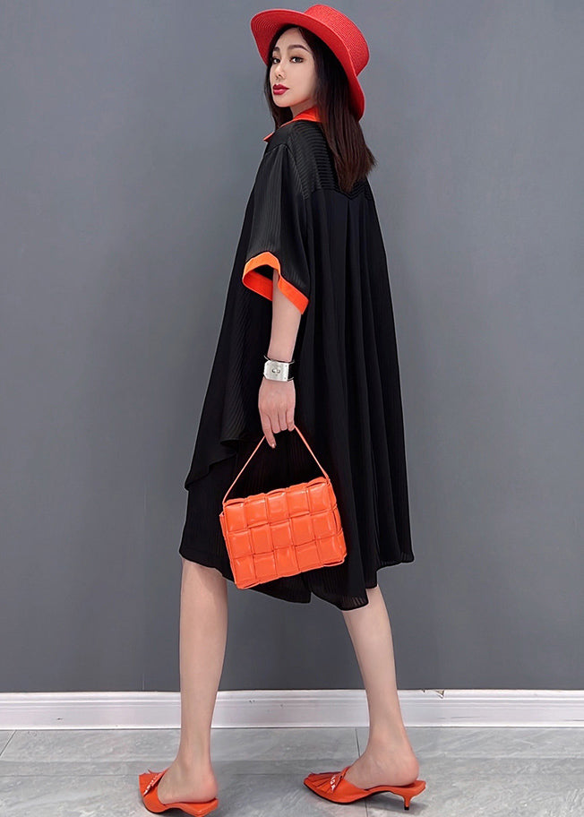 Black Peter Pan Collar Patchwork Chiffon Long Shirt and Shorts Two Pieces Set Summer
