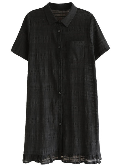 Black Peter Pan Collar Patchwork Ruffles Holiday Dress Short Sleeve