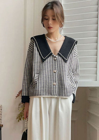 Black Peter Pan Collar Plaid Knit Coat Spring