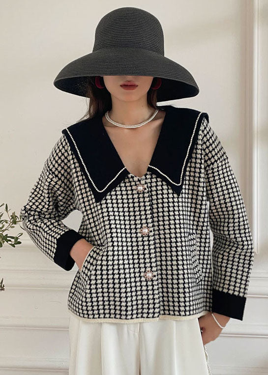 Black Peter Pan Collar Plaid Knit Coat Spring