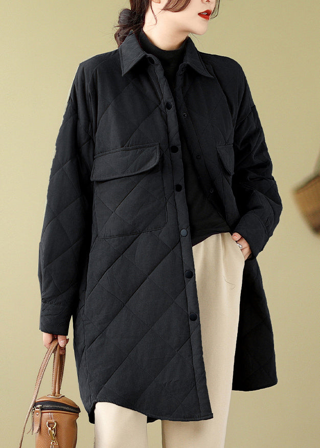 Black Peter Pan Collar Pockets Fine Cotton Filled Puffers Jackets Winter
