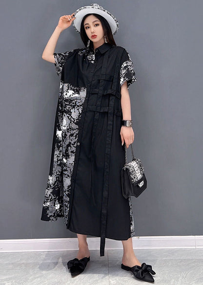 Black Peter Pan Collar Print Cotton Shirt Dress Short Sleeve