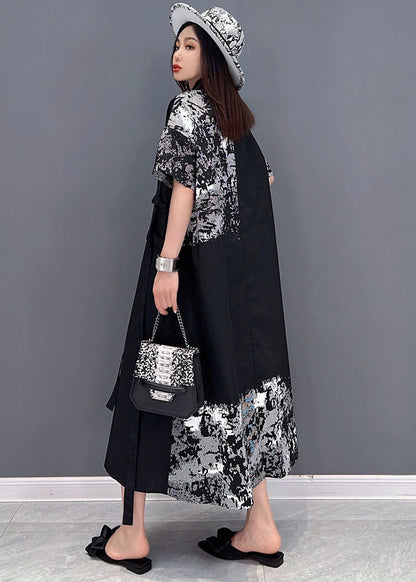 Black Peter Pan Collar Print Cotton Shirt Dress Short Sleeve