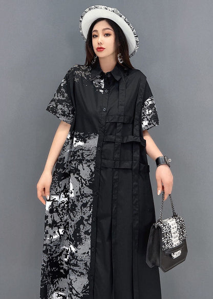 Black Peter Pan Collar Print Cotton Shirt Dress Short Sleeve