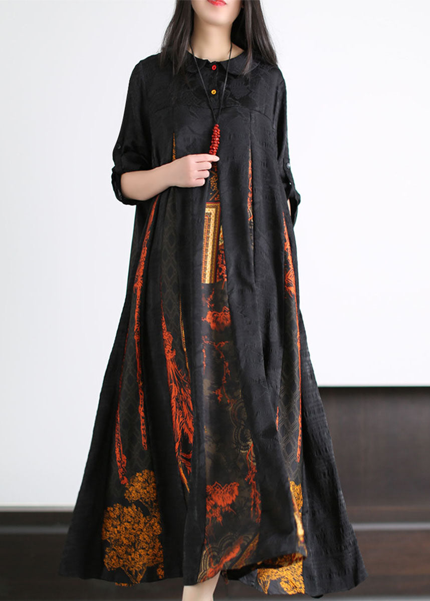 Black Peter Pan Collar Print Patchwork Silk Long Dress Summer
