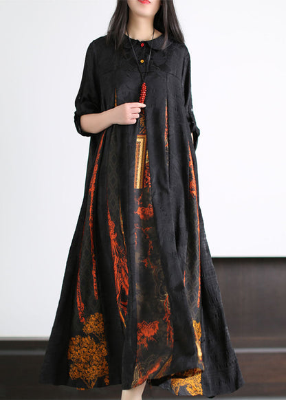 Black Peter Pan Collar Print Patchwork Silk Long Dress Summer