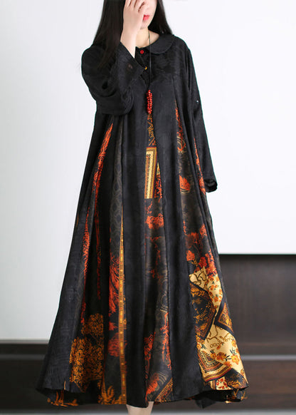 Black Peter Pan Collar Print Patchwork Silk Long Dress Summer