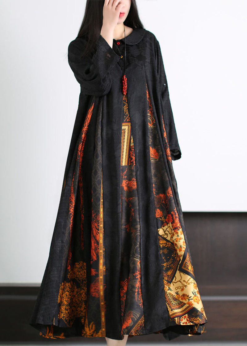 Black Peter Pan Collar Print Patchwork Silk Long Dress Summer