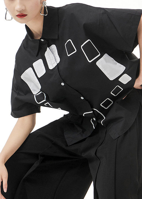 Black Peter Pan Collar Print Shirt Tops Short Sleeve