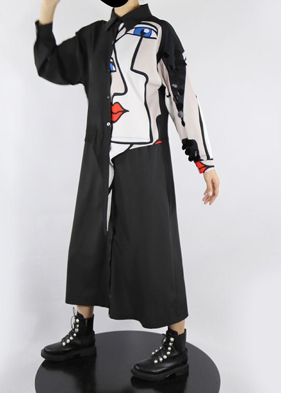 Black Peter Pan Collar Button Print Shirt Dress Spring