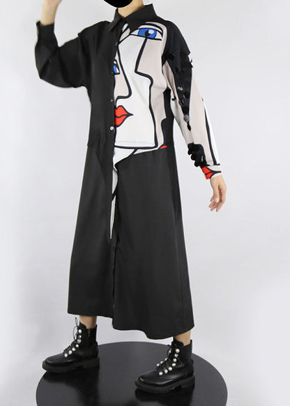 Black Peter Pan Collar Button Print Shirt Dress Spring