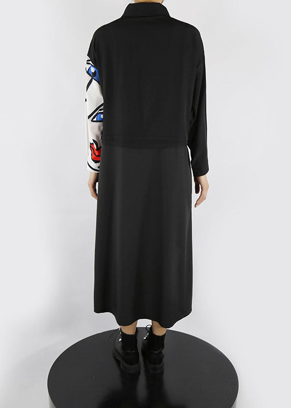 Black Peter Pan Collar Button Print Shirt Dress Spring