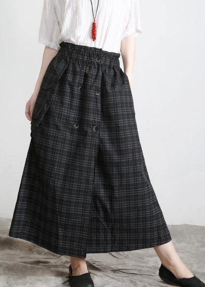 Black Plaid Button Pockets Summer Cotton Skirts