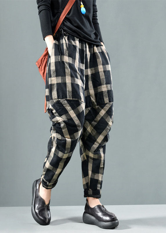 Black Plaid Fine Cotton Filled Pants Winter