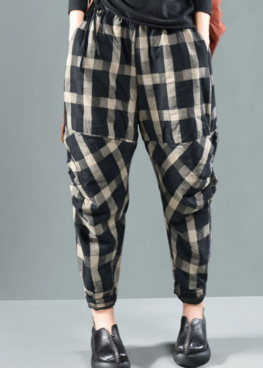 Black Plaid Fine Cotton Filled Pants Winter
