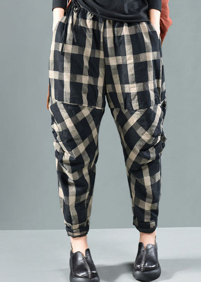 Black Plaid Fine Cotton Filled Pants Winter