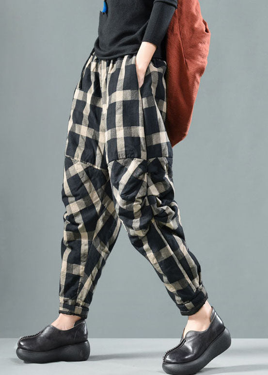 Black Plaid Fine Cotton Filled Pants Winter