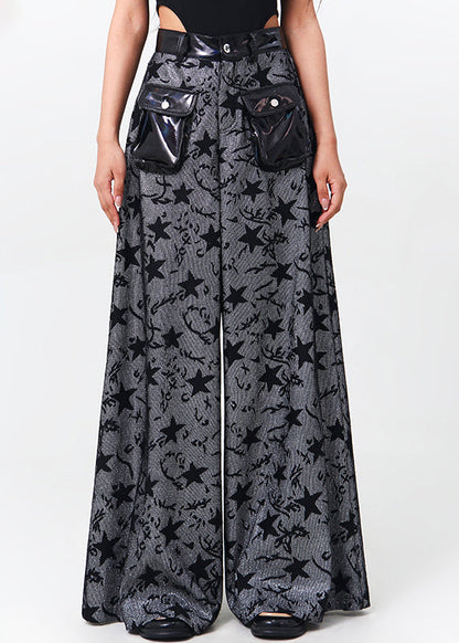 Black Pockets Patchwork Denim Wide Leg Pants Spring