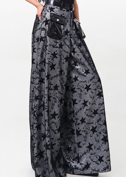 Black Pockets Patchwork Denim Wide Leg Pants Spring