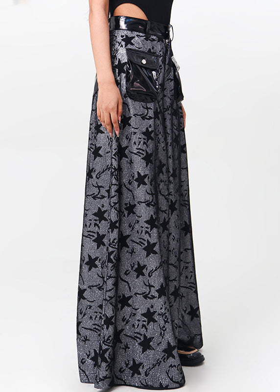 Black Pockets Patchwork Denim Wide Leg Pants Spring