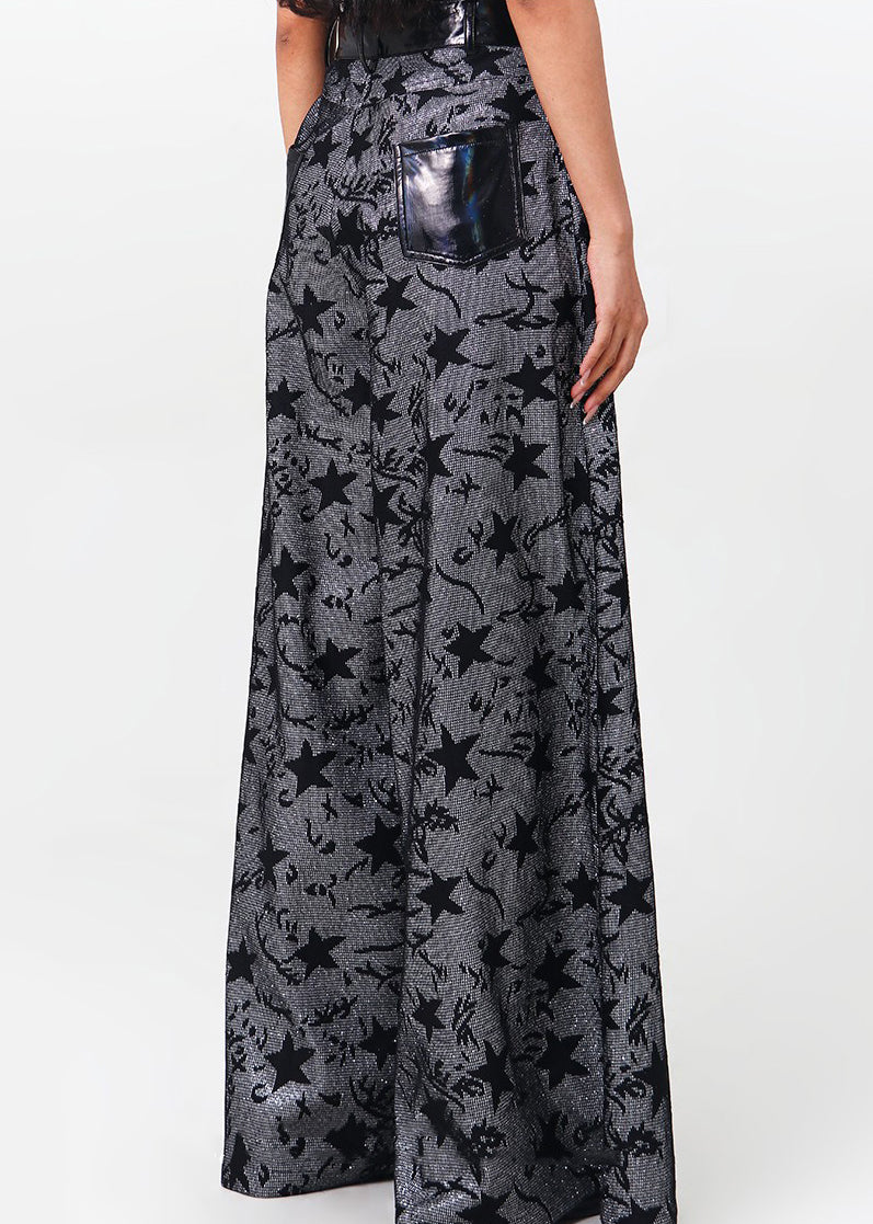 Black Pockets Patchwork Denim Wide Leg Pants Spring