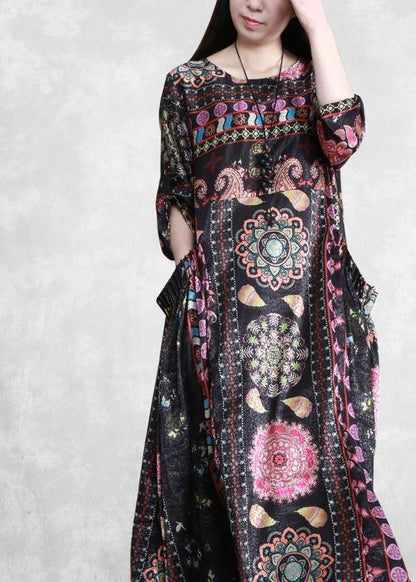 Black Print Dress O Neck Pockets Dress