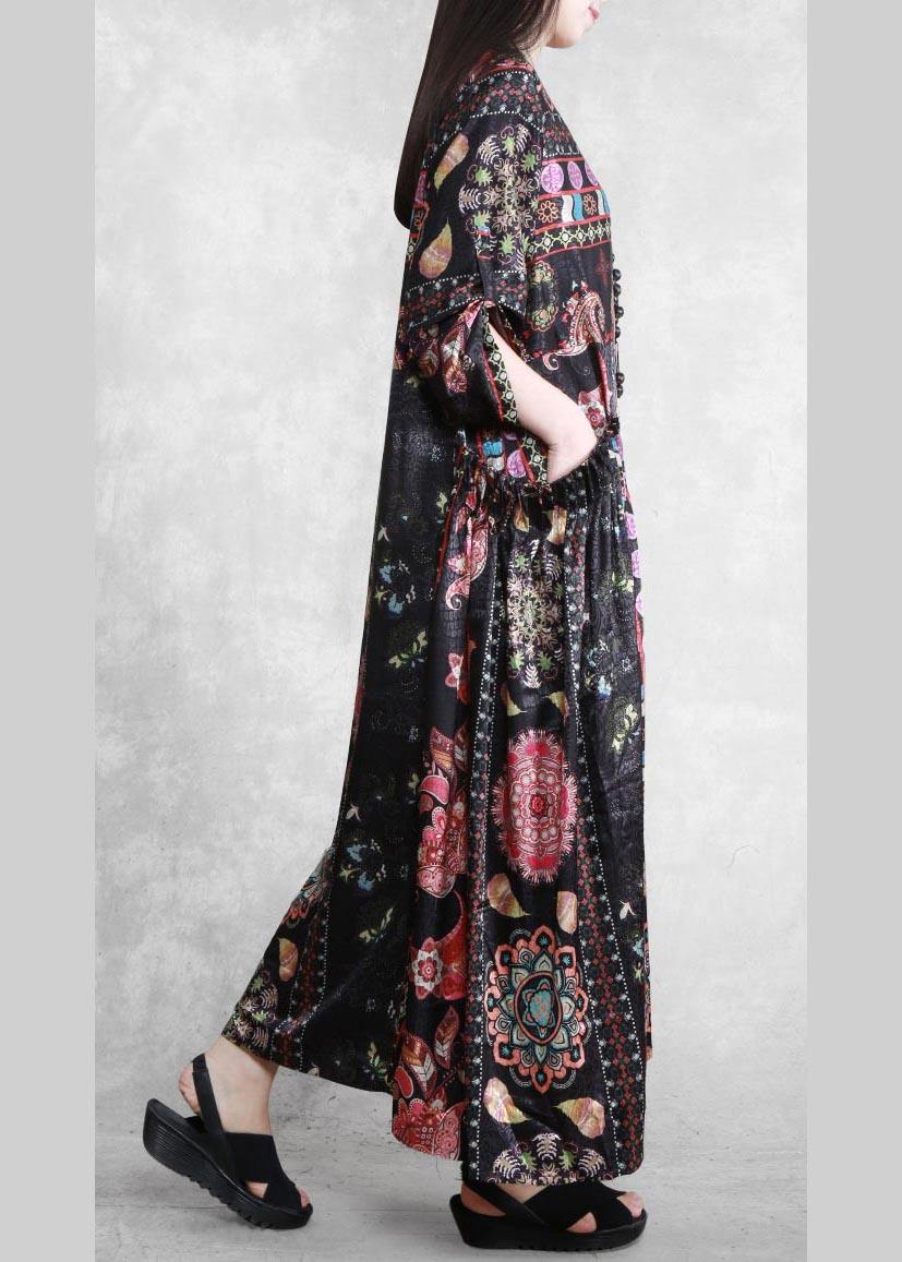 Black Print Dress O Neck Pockets Dress
