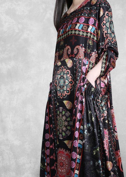 Black Print Dress O Neck Pockets Dress