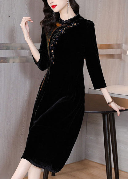 Black Print Embroidered Tassel Silk Velour Maxi Dresses Fall