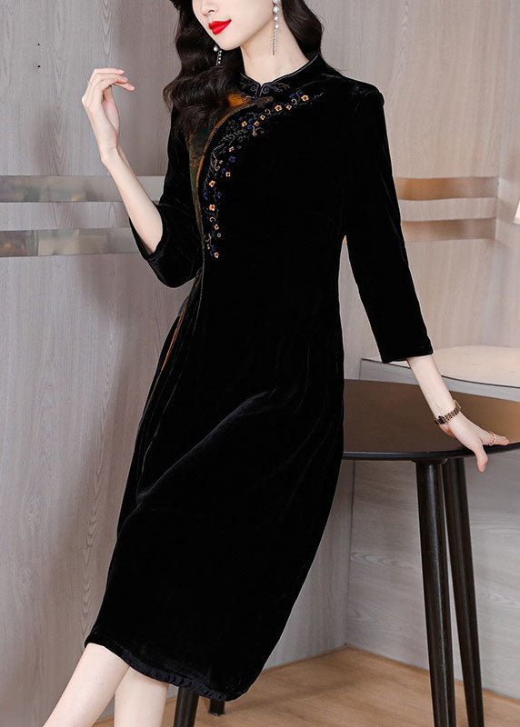 Black Print Embroidered Tassel Silk Velour Maxi Dresses Fall