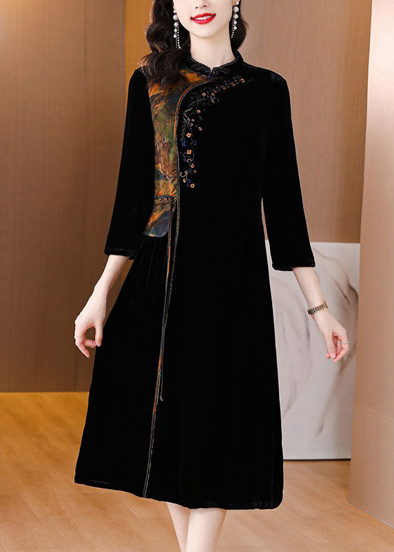 Black Print Embroidered Tassel Silk Velour Maxi Dresses Fall