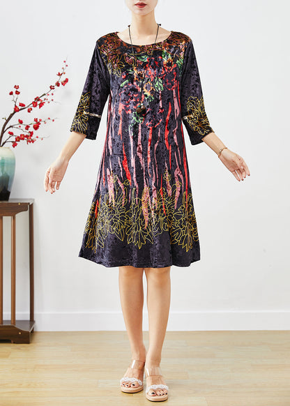 Black Print Silk Velour Maxi Dresses Half Sleeve