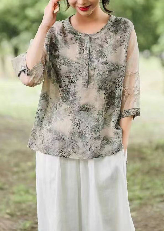 Black Print Tulle Patchwork Shirts Half Sleeve