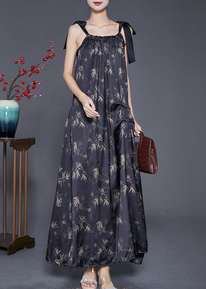 Black Print Wrinkled Silk Strap Dresses Summer