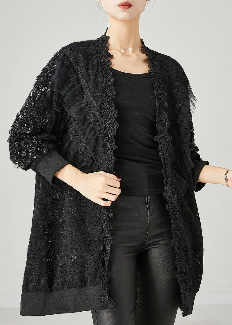 Black Ruffled Nail Bead Lace Cardigan Spring