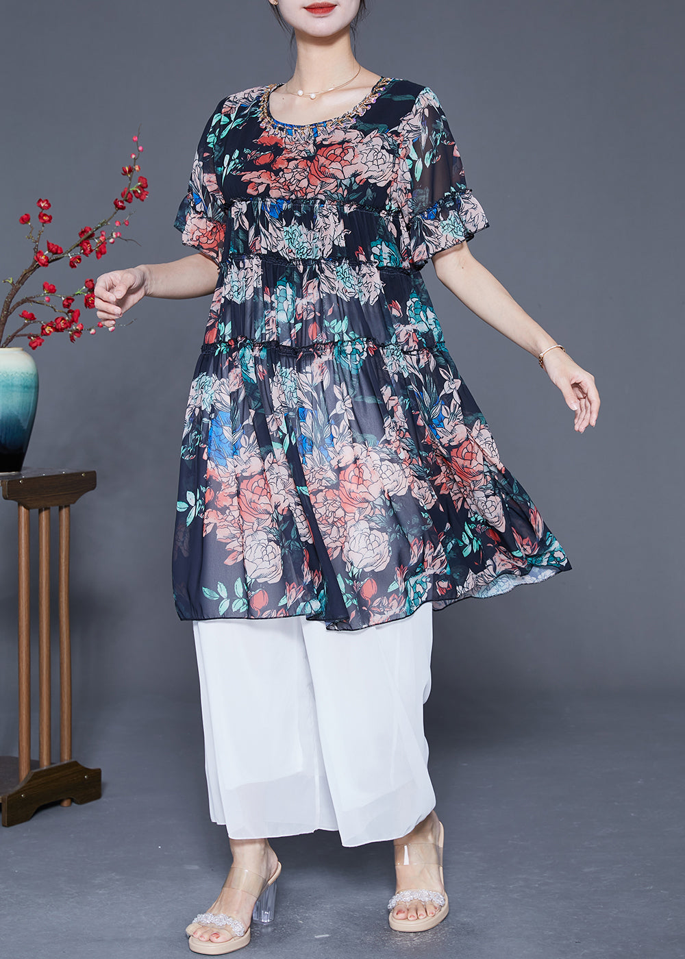 Black Ruffled Print Chiffon Dress Summer