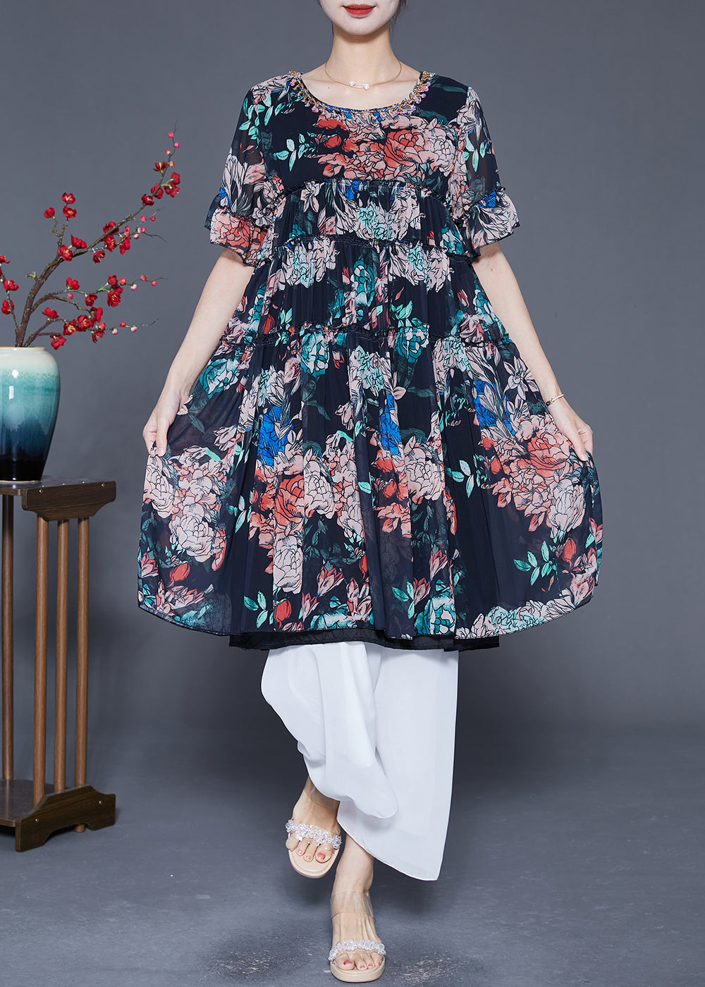 Black Ruffled Print Chiffon Dress Summer