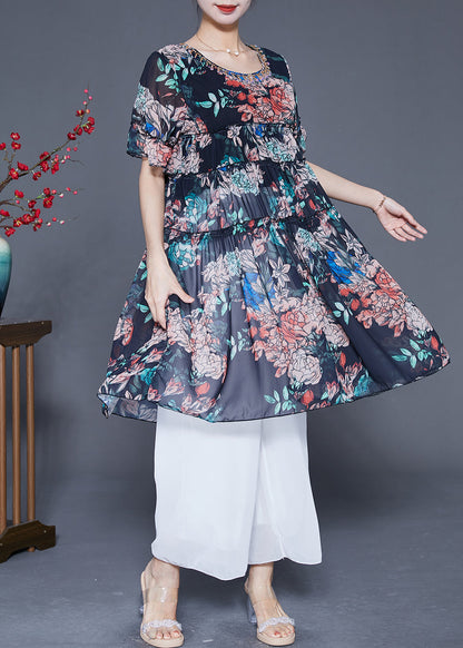 Black Ruffled Print Chiffon Dress Summer