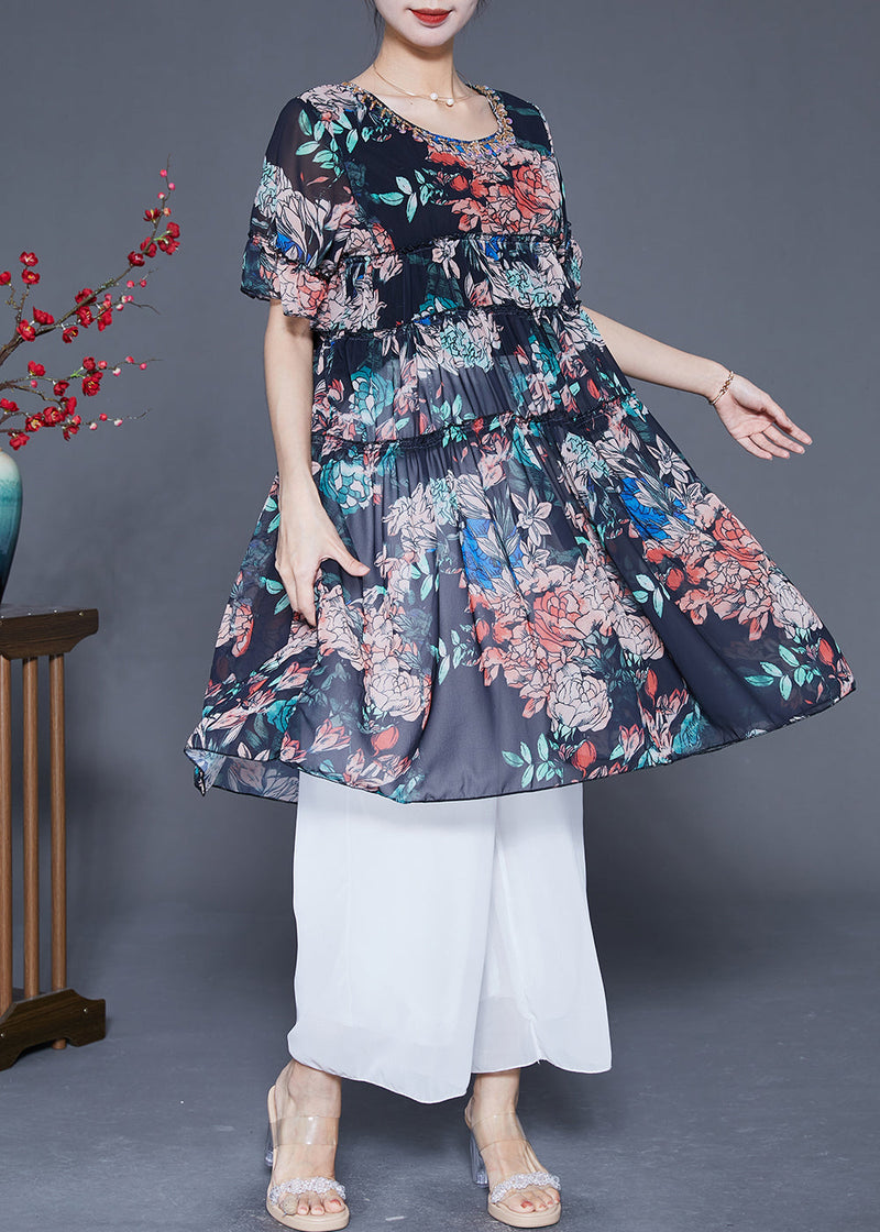 Black Ruffled Print Chiffon Dress Summer