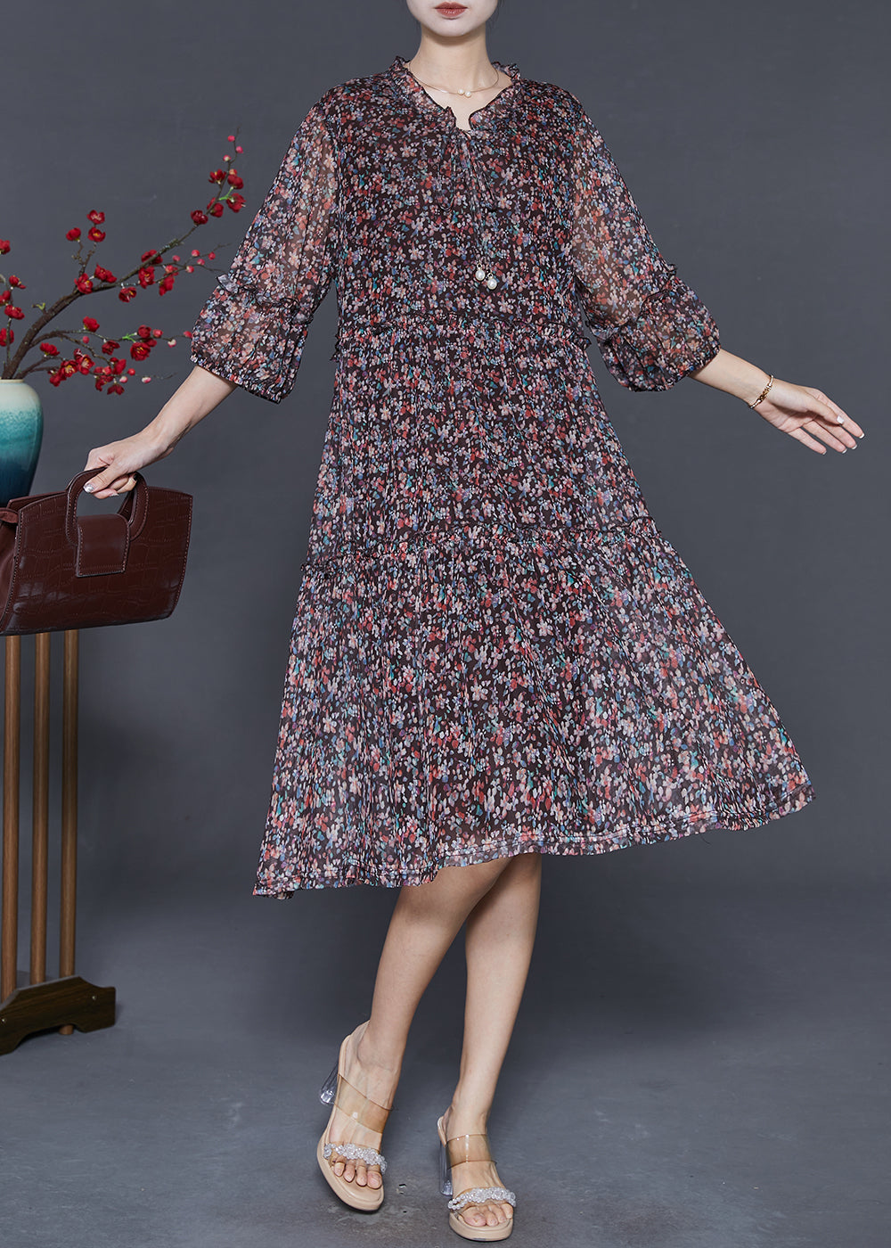 Black Ruffled Print Chiffon Robe Dresses Summer