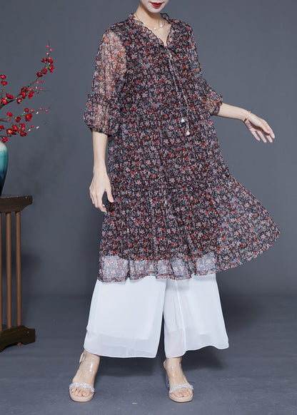 Black Ruffled Print Lace Up Chiffon Mid Dress Summer