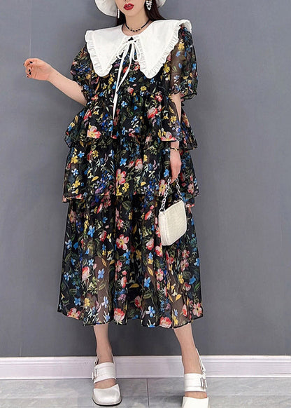 Black Sailor Collar Layered Design Cinched Print Chiffon Dress Short Sleeve