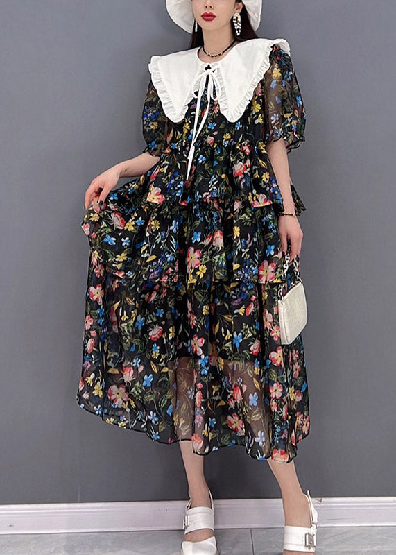 Black Sailor Collar Layered Design Cinched Print Chiffon Dress Short Sleeve