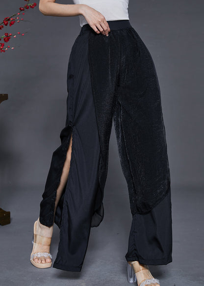 Black Side Open Chiffon Wide Leg Pants Summer