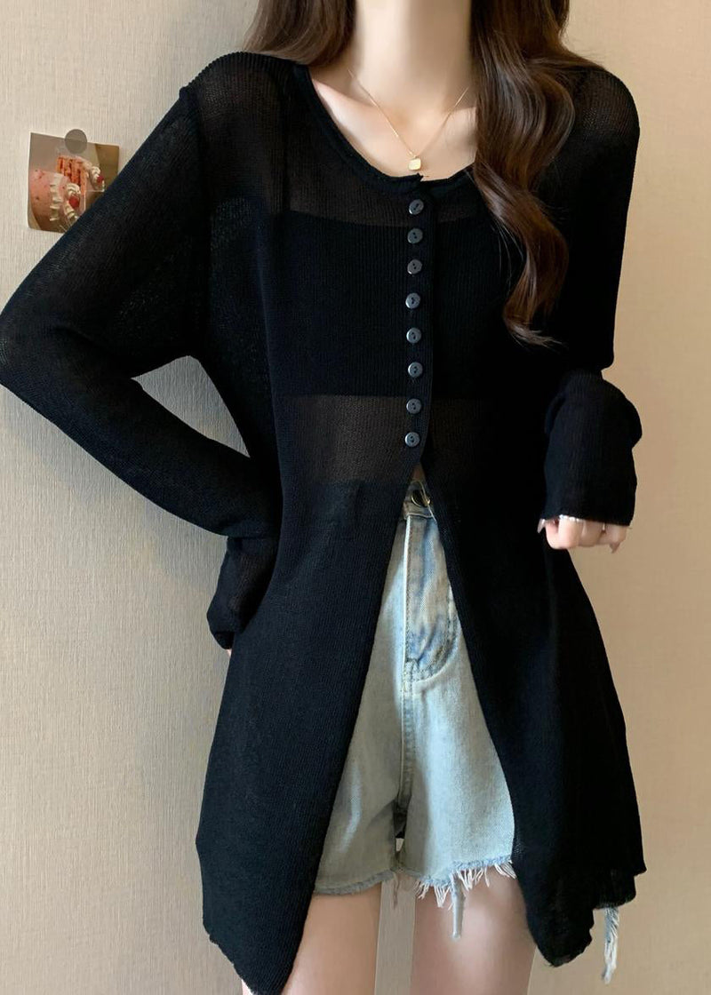 Black Side Open Knit Sheer Pullover Fall