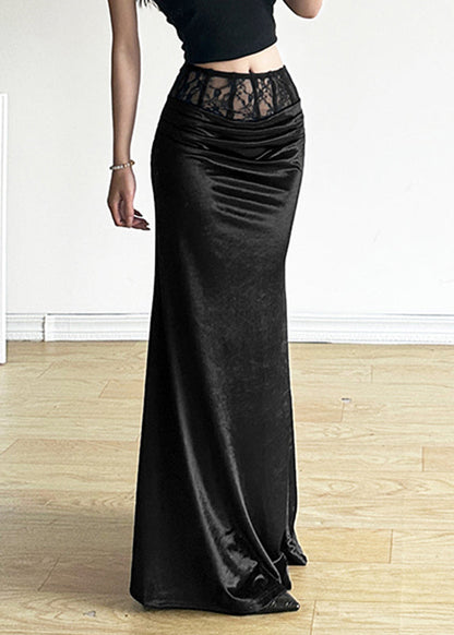 Black Silm Fit Silk Velvet Wraped Skirt Spring