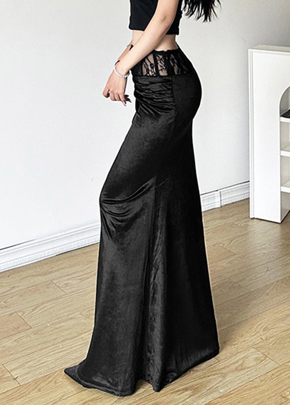 Black Silm Fit Silk Velvet Wraped Skirt Spring