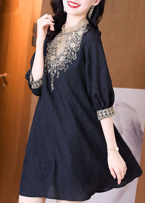 Black Stand Collar Lace Patchwork Spandex Mid Dress Half Sleeve