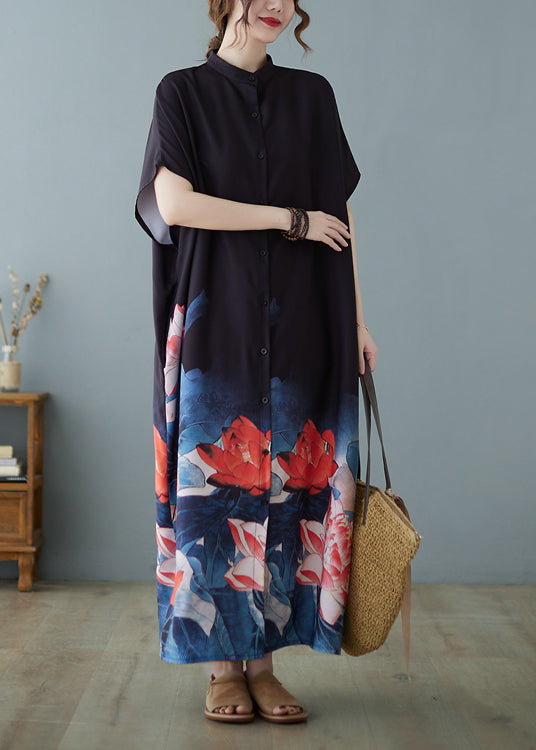 Black Stand Collar Oversized Print Chiffon Dress Summer