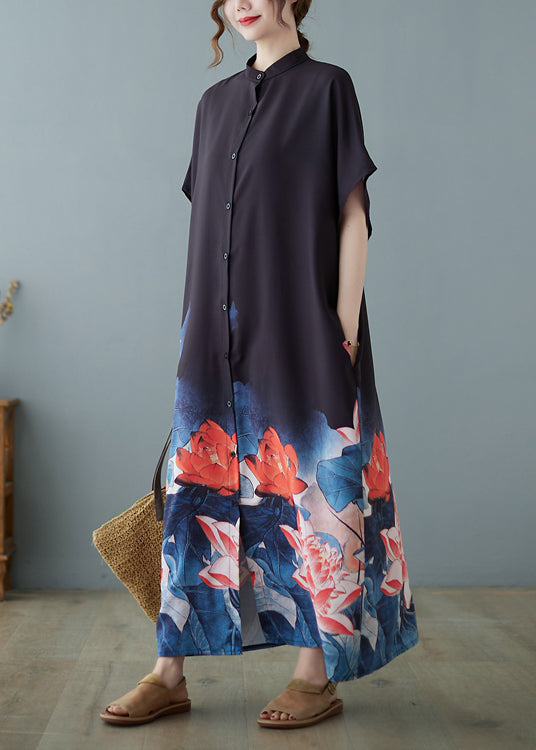 Black Stand Collar Oversized Print Chiffon Dress Summer